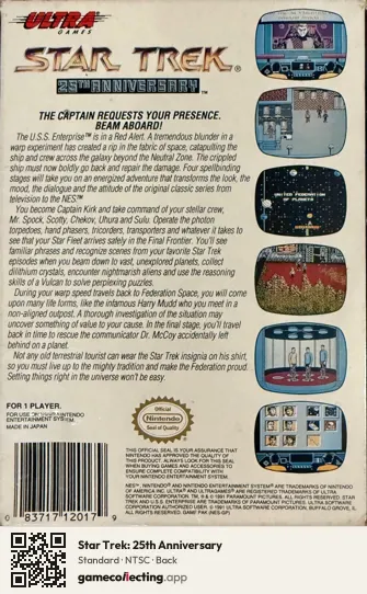 Star Trek: 25th Anniversary Nintendo Entertainment System, NTSC box back
