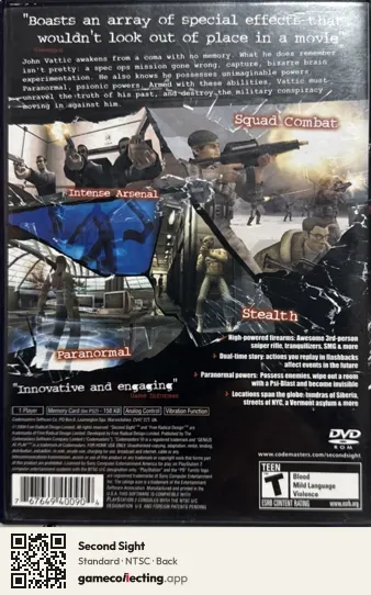 Second Sight PlayStation 2, NTSC box back