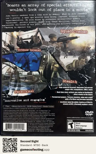 Second Sight PlayStation 2, NTSC box back