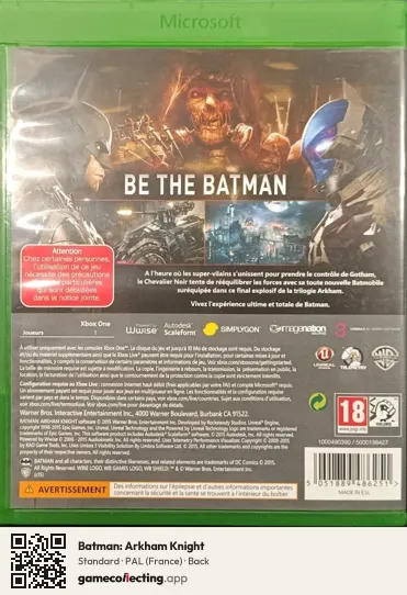 Batman: Arkham Knight Xbox One, France box back