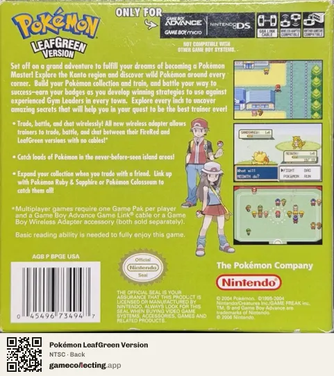 Pokémon LeafGreen Version Game Boy Advance, NTSC box back