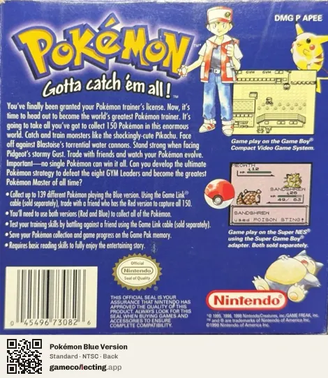 Pokémon Blue Version Game Boy, NTSC box back