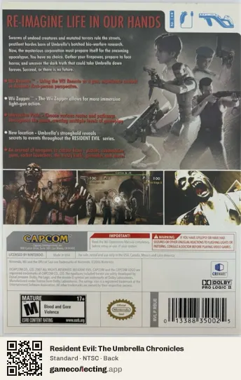 Resident Evil: The Umbrella Chronicles Nintendo Wii, NTSC box back