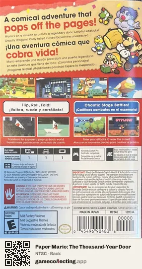 Paper Mario: The Thousand-Year Door Nintendo Switch, NTSC box back
