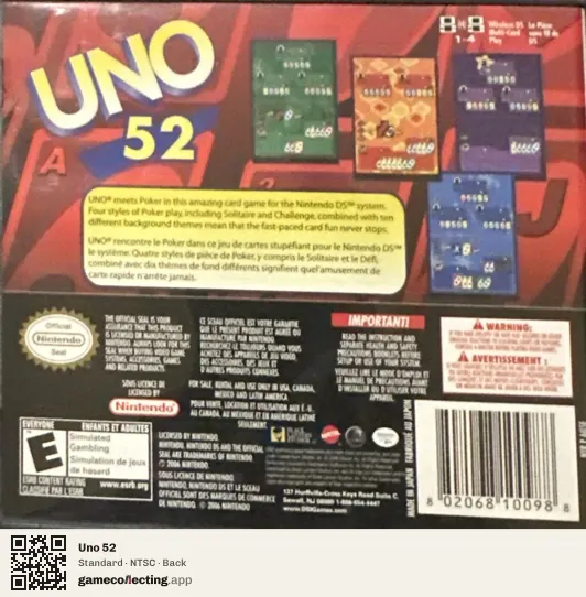 Uno 52 Nintendo DS, NTSC box back