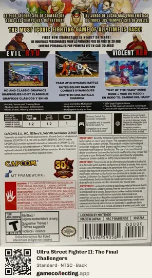Ultra Street Fighter II: The Final Challengers Nintendo Switch, NTSC box back