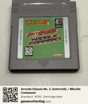 Arcade Classic No. 1: Asteroids / Missile Command Game Boy, NTSC cartridge label