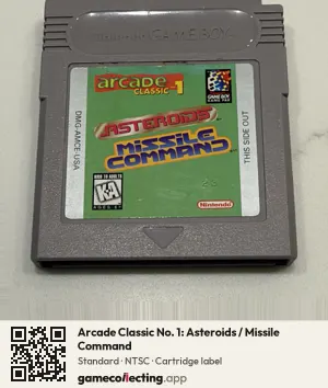 Arcade Classic No. 1: Asteroids / Missile Command Game Boy, NTSC cartridge label