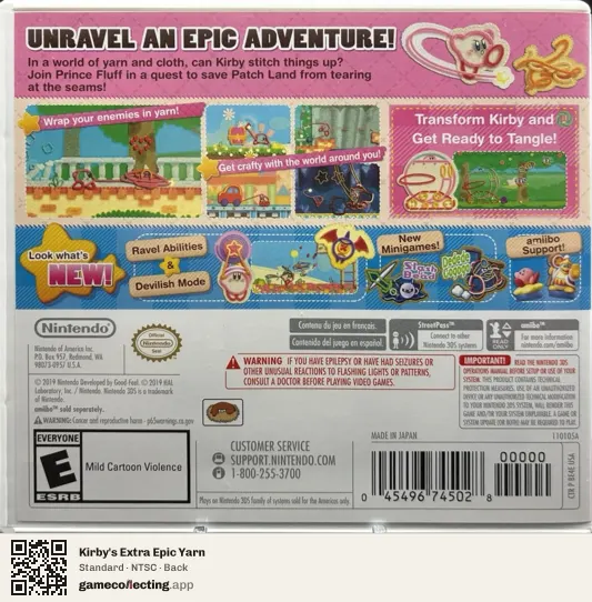 Kirby's Extra Epic Yarn Nintendo 3DS, NTSC box back