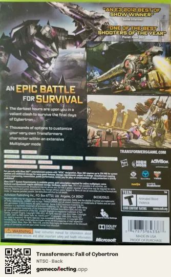 Transformers: Fall of Cybertron Xbox 360, NTSC box back