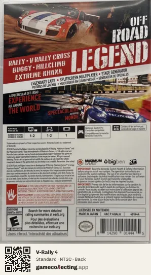 V-Rally 4 Nintendo Switch, NTSC box back