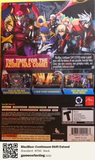 BlazBlue: Continuum Shift Extend Xbox 360, NTSC box back
