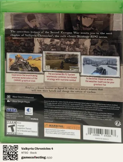 Valkyria Chronicles 4 Xbox One, NTSC box back