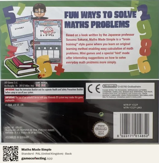 Maths Made Simple Nintendo DS, United Kingdom box back