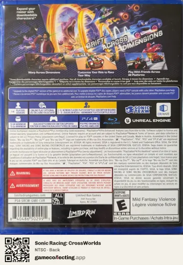 Sonic Racing: CrossWorlds PlayStation 4, NTSC box back