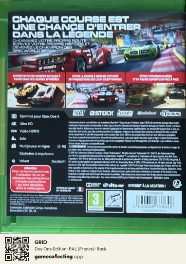 GRID Xbox One, France box back