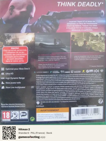 Hitman 2 Xbox One, France box back