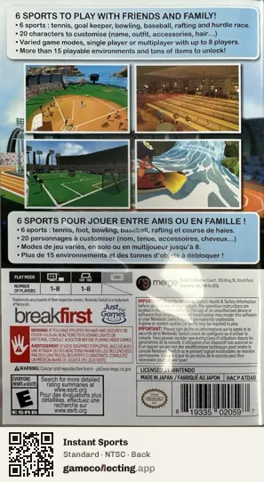 Instant Sports Nintendo Switch, NTSC box back