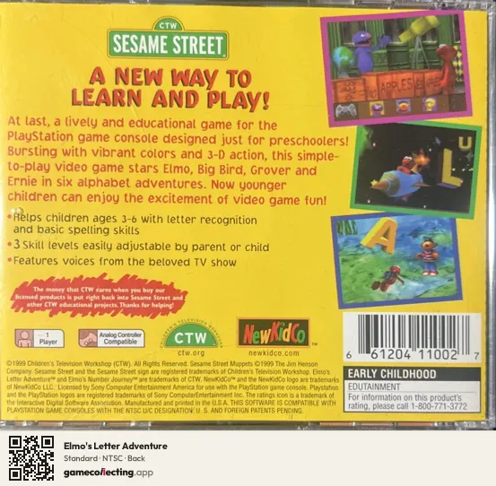 Elmo's Letter Adventure PlayStation, NTSC box back
