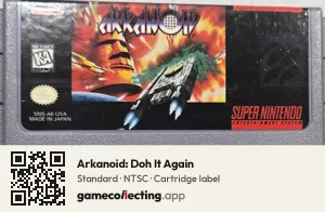 Arkanoid: Doh It Again Super Nintendo Entertainment System, NTSC cartridge label