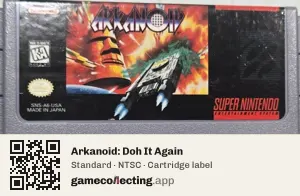 Arkanoid: Doh It Again Super Nintendo Entertainment System, NTSC cartridge label