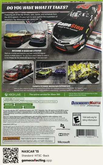 NASCAR '15 Xbox 360, NTSC box back