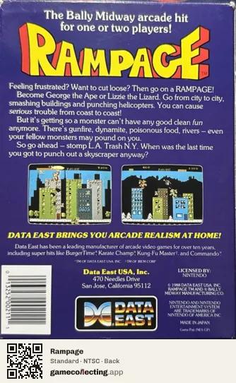 Rampage Nintendo Entertainment System, NTSC box back