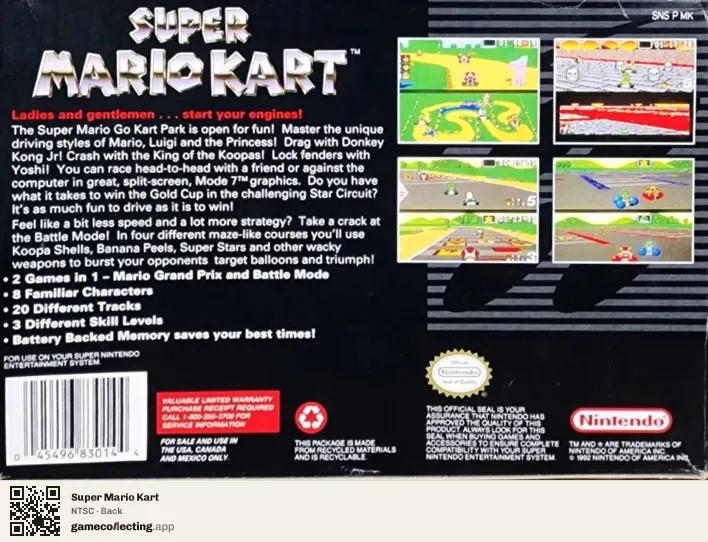 Super Mario Kart Super Nintendo Entertainment System, NTSC box back