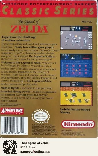 The Legend of Zelda Nintendo Entertainment System, NTSC box back