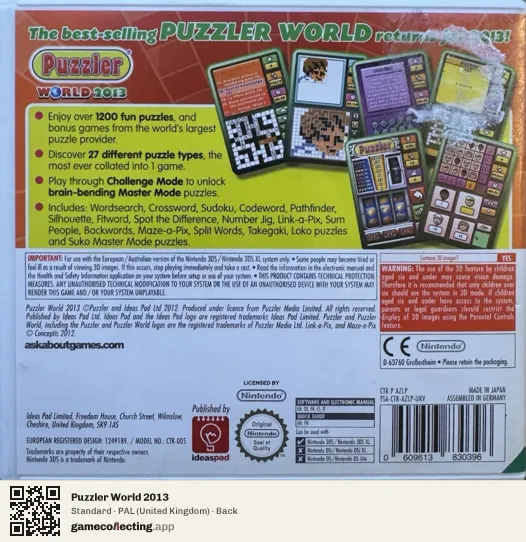 Puzzler World 2013 Nintendo 3DS, United Kingdom box back