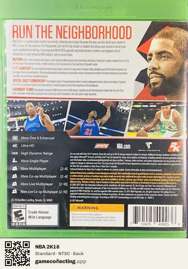 NBA 2K18 Xbox One, NTSC box back