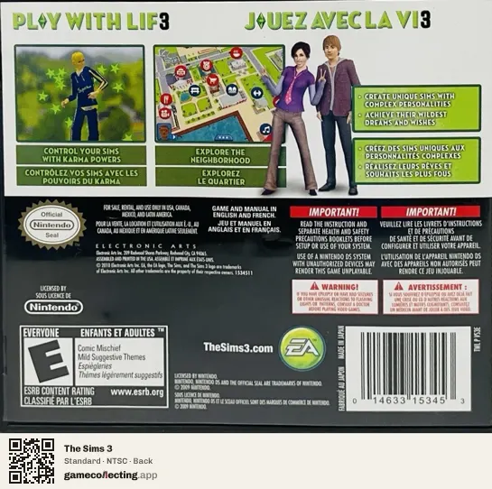 The Sims 3 Nintendo DS, NTSC box back