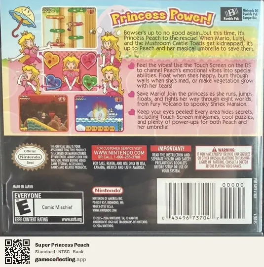 Super Princess Peach Nintendo DS, NTSC box back