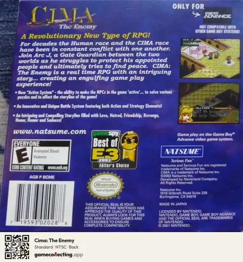 Cima: The Enemy Game Boy Advance, NTSC box back