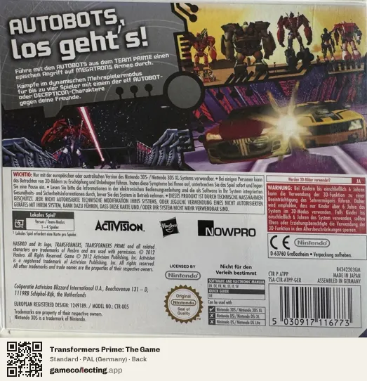 Transformers Prime: The Game Nintendo 3DS, Germany box back
