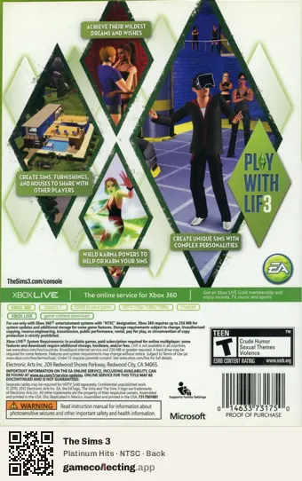 The Sims 3 Xbox 360, NTSC box back