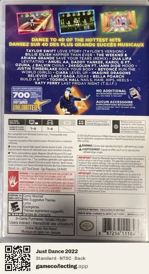 Just Dance 2022 Nintendo Switch, NTSC box back