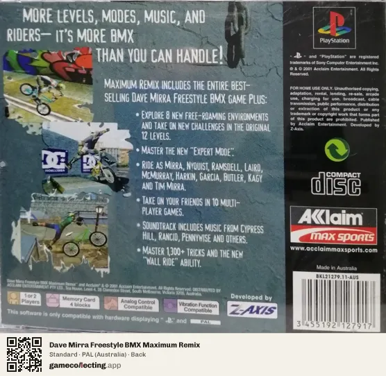 Dave Mirra Freestyle BMX Maximum Remix PlayStation, Australia box back