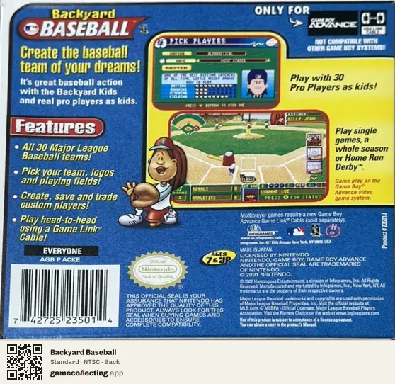 Backyard Baseball Game Boy Advance, NTSC box back