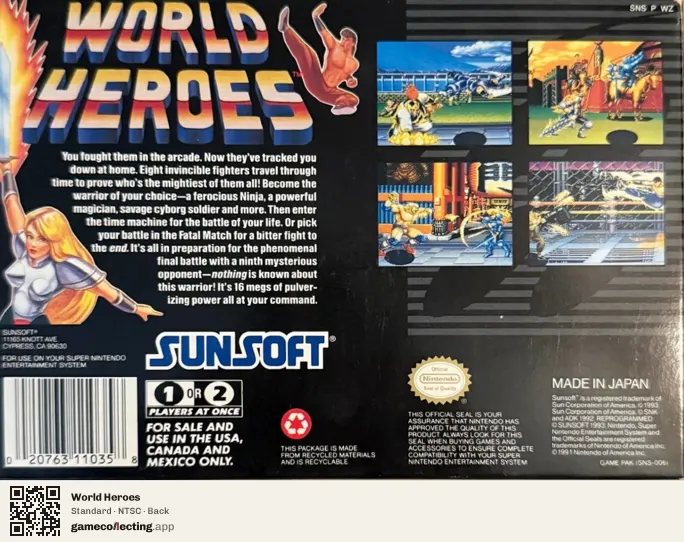 World Heroes Super Nintendo Entertainment System, NTSC box back