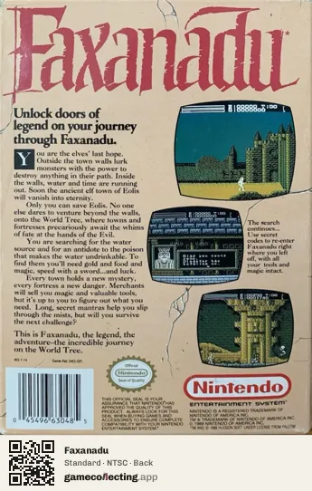 Faxanadu Nintendo Entertainment System, NTSC box back