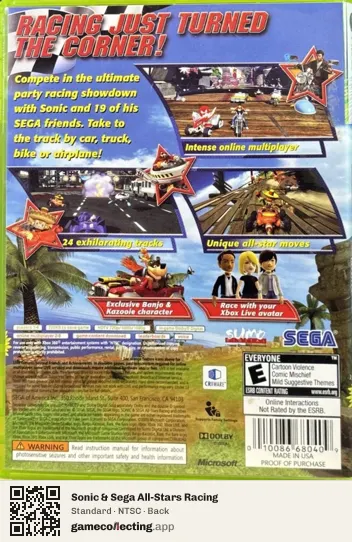 Sonic & Sega All-Stars Racing Xbox 360, NTSC box back
