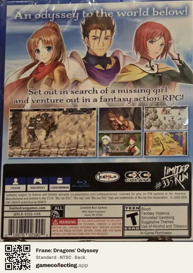 Frane: Dragons' Odyssey PlayStation 4, NTSC box back