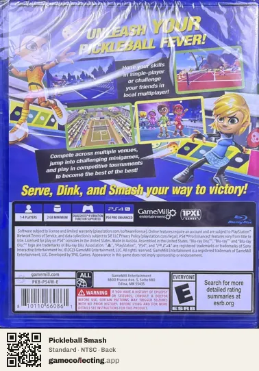 Pickleball Smash PlayStation 4, NTSC box back