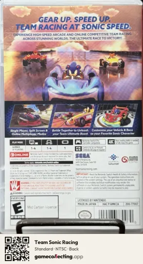 Team Sonic Racing Nintendo Switch, NTSC box back