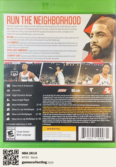 NBA 2K18 Xbox One, NTSC box back