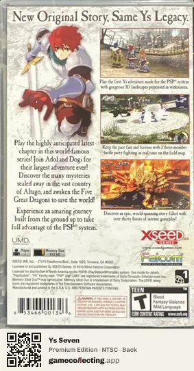 Ys Seven PlayStation Portable, NTSC box back