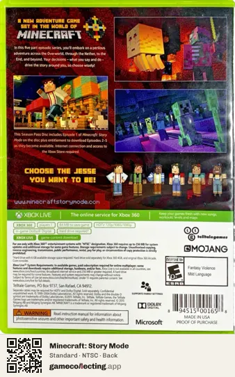 Minecraft: Story Mode Xbox 360, NTSC box back