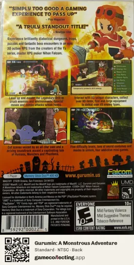 Gurumin: A Monstrous Adventure PlayStation Portable, NTSC box back