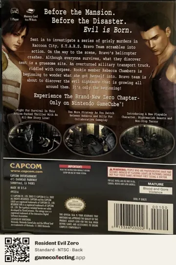 Resident Evil Zero Nintendo GameCube, NTSC box back